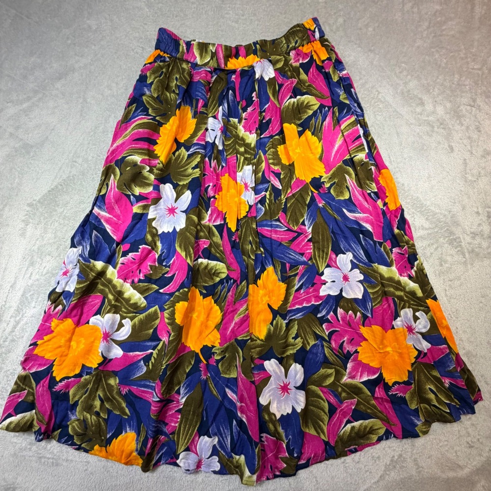 Vintage 90s Floral Midi‎ Skirt Size Small Petite Rayon Tropical Pockets Stretch